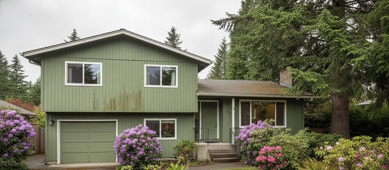 1970s split-level home with T1-11 siding in Pacific Northwest setting